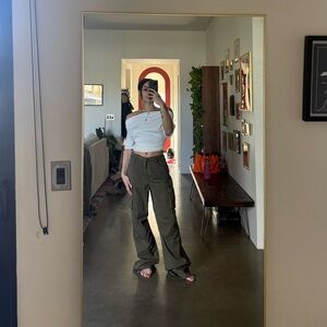 Good American khaki cargo pants with drawstring waist and ankles